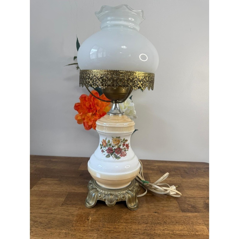 Vintage Milk Glass Hurricane Lamp Floral Electric Table Lamp Brass Cottage Decor